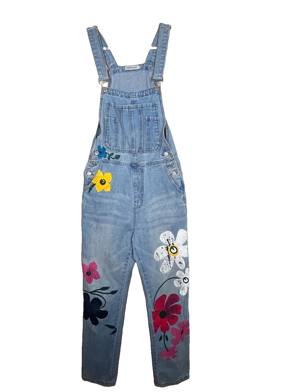 Misslook Denim Bib Overalls Painted Flower Blue Jean M Jumpsuit Hippie Retro